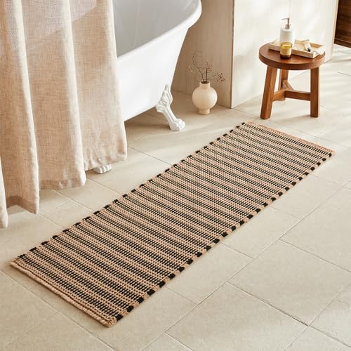 TYUU Waffle Runner Rug Bathroom, Long Boho Bath Mat, 72x24 Black & Khaki