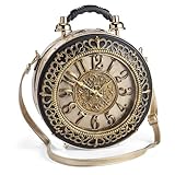 Vintage Clock Bag, Vegan Leather Crossbody Shoulder Purse for Women, Real Working Clock, Round Shaped, Steampunk Retro Fashion Handbag, Zip Top, 14” Diameter