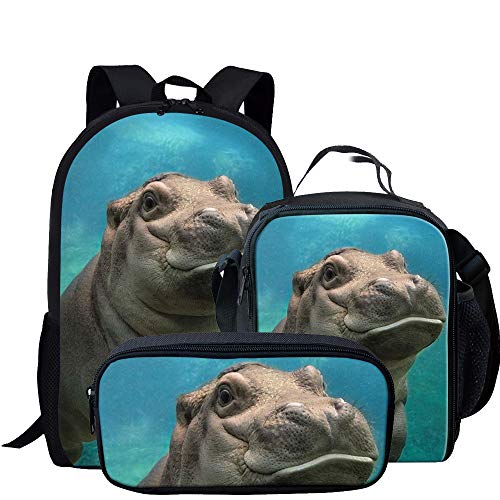 Beauty Collector Animal Scool Backpack Set Kids Hippo Backpack with Lunch Box Bag Pencil Case Bookbag Set