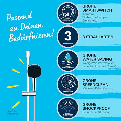 GROHE Vitalio 110, Duschset wassersparend, 8l pro Min (Duschstangenset mit: Duschkopf 3 Strahlarten, 1,75m Schlauch, Duschstange 90cm, zum Kleben oder Bohren, ohne Kleber), eckig, chrom, 26932001