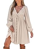 CUPSHE Damen Minikleid Baumwolle Häkelspitze V-Ausschnitt Langarm Knopfleiste Bindegürtel A-Linie Casual Hochzeitskleid Beige L