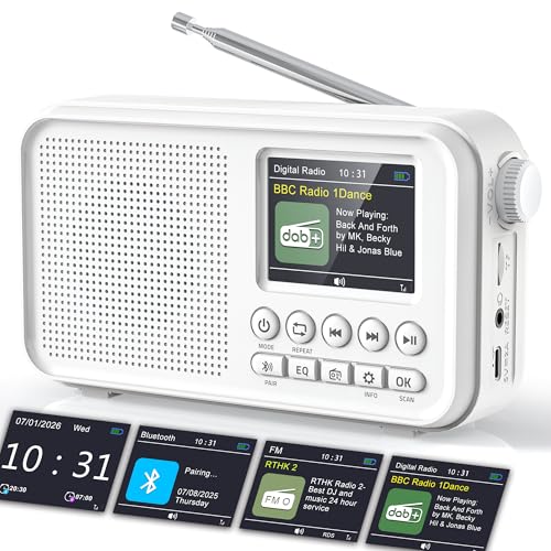 ROCAM Portable DAB/DAB+/FM Radio 3000mAH Rechargeable Battery & Mains Powered 2.4 Digital DAB Radio with Bluetooth 5.0 & Hi-Fi Speaker 40 Presets Stations TF Card Support Dual Alarms EQ Modes