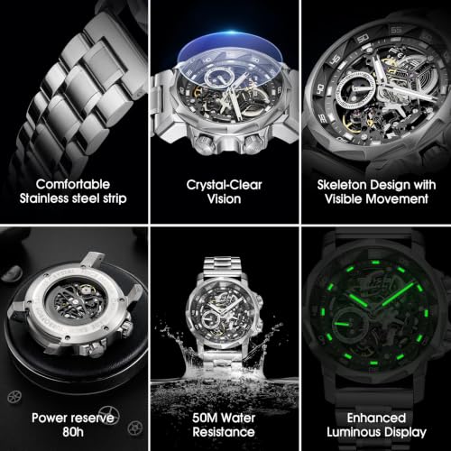 Image of FEICE FM511 Skeleton Auto Watch, Sapphire Luminous 5ATM Steel Strap.