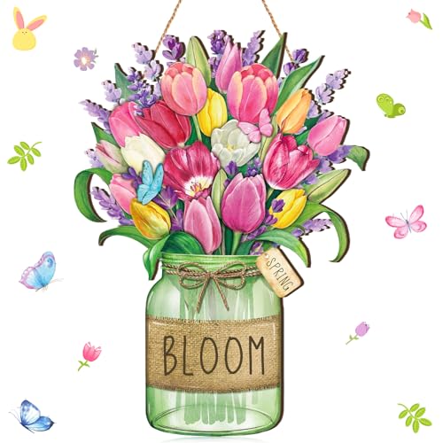 Boao Spring Door Sign Decor Flower Spring Wooden Hanging Door Sign Spring Plaque Decorations Indoor Floral Spring Wall Hanger for Spring Party Indoor Outdoor Home