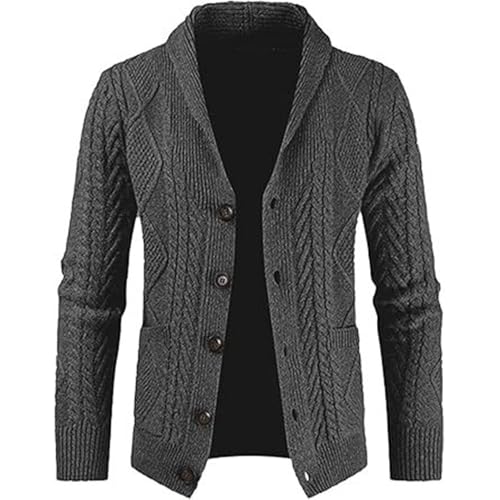 Men's Casual Long Sleeve Sweater Loose Shawl Collar Buttons Down Cable Knit Cardigan Sweater with Pockets