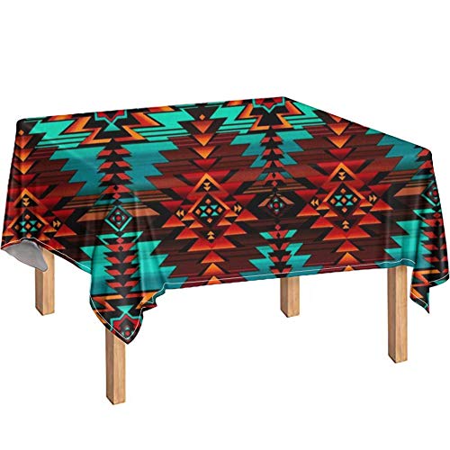 Doginthehole T-KEA11029D24-23 Outdoor Rectangle Tablecloth Turquoise Native American Tribal Style Rectangular Table Cloth Washable Polyester Table Cover cover