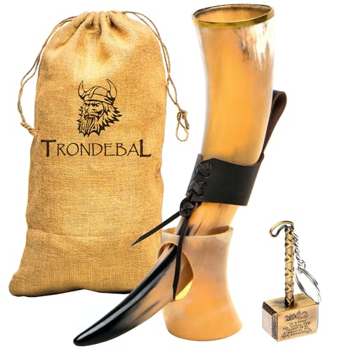 Viking Drinking Horn with Stand - Unique Gifts for Men, Large 15-20 Oz Natural Ox Horn Cool Unique Beer Gift for Brother or Dad, Home Decor Accessories Handcrafted for Mead, Ale, and More
