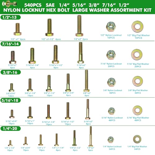 Image of 540pcs SAE 1 /4 inch 5 /16 inch 3 /8 inch 7 /16 inch 1 /2 inch Nylon Locknut Hex Bolt Flat Washer Assortment Kit by Color Galvanization,Alloy Steel,Grade 5.Length 1 /2 inch- 2 inch.23 Common Size for Automative,Fixture,DIY Design.