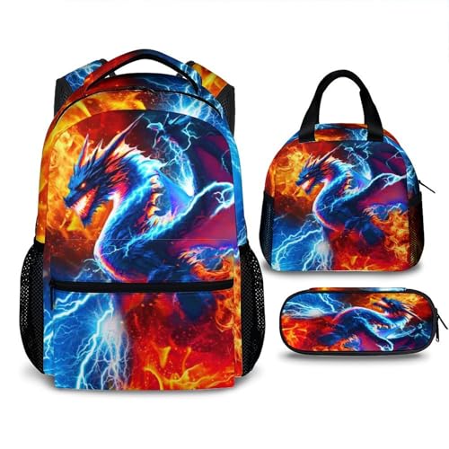 CustomWish Boys Dragon Backpack Set of 3 School Backpacks for Kids Teens Kindergarten Primary Middle Senior 17 Inch Lightweight Bookbag for School Travel