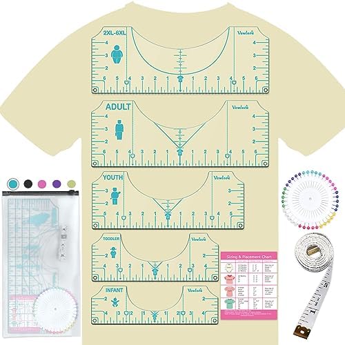 Tshirt Ruler Guide Vinyl Alignment Tool - Sublimation Accessories, T Shirt rulers to Center Designs, Transparent V-Neck/Round PVC Ruler for Adult Youth Toddler Infant 2XL-6XL