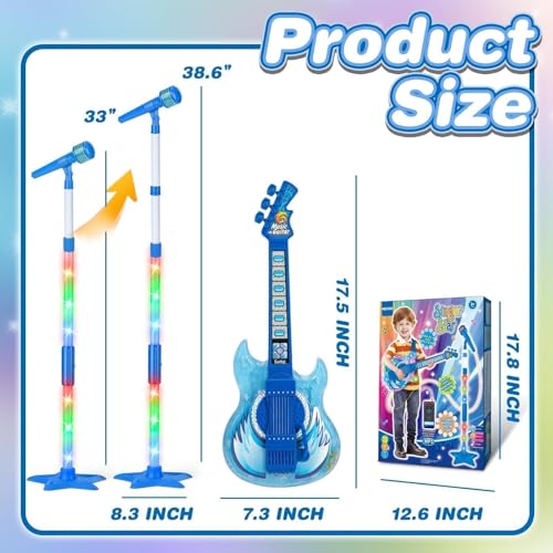 Kids Guitar and Microphone Set, Toy Guitar with Adjustable Volume and Strap, Microphone with Stand and Color Light, Toddler Musical Instrument for 3-5 5-9, Kids Karaoke Machine for Boy Girls(Blue) by MOEAWS - Image 5
