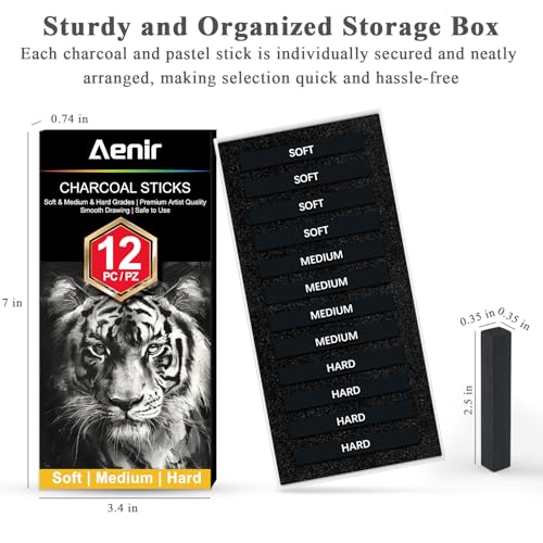 Aenir Compressed Charcoal Sticks Set of 12 – Soft, Medium, Hard Charcoal for Drawing, Sketching & Shading – Art Supplies for Artists, Beginners & Adults