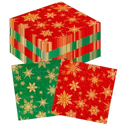 DPKOW 40 guardanapos de Natal, guardanapo com flocos de neve vermelhos e verdes, guardanapos de papel decorados 33x33cm, guardanapos de Natal, guardanapo Cocktail Christmas Napkins, decoração de mesa