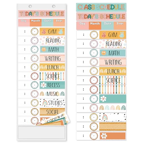 JarThenaAMCS Boho Daily Schedule Pocket Chart 13 x 35.5 In Rainbow Flower Smile 13 + 1 Pocket Visual Schedule Chart Board with 24 Card for Classroom Home Office Supplies