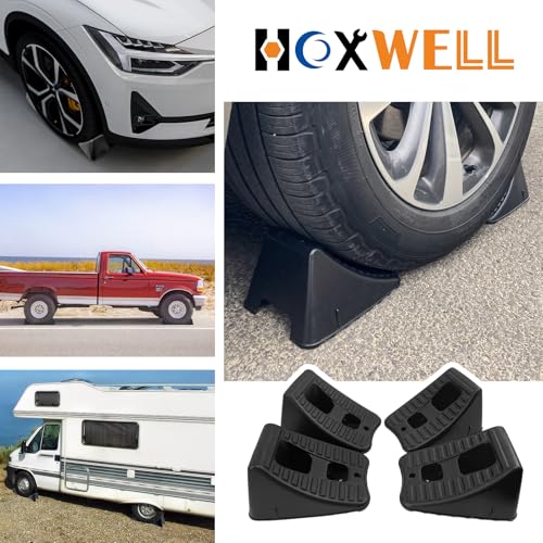 HOXWELL 4 Packs Wheel Chocks for Travel Trailers, Non Slip Black Wheel Chock Stackable, Lightweight Wheel Stoppers for Cars Campers Trucks RVs, 8.1\"×5.1\"×4.5\", Black