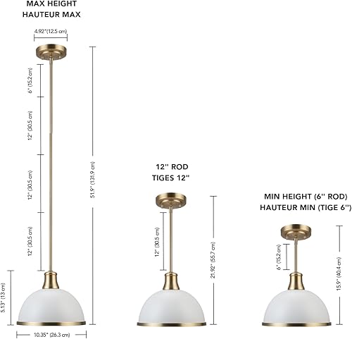 Miniatura 2 de Globe Electric 60824 Colgante de 1 luz, blanco mate, detalles de latón mate, isla de cocina, cafetería, decorativo, lámpara colgante de techo,