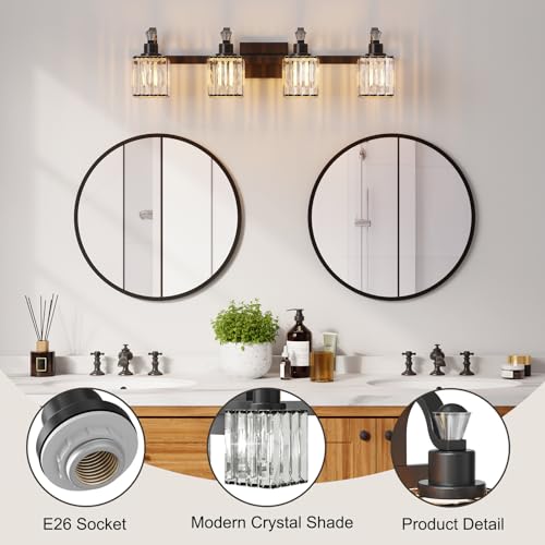 Image of GarveeTech Bathroom Vanity Light Fixtures Modern Crystal Vanity Light Fixtures Over Mirror, 4 Light Modern Crystal Wall Lighting with Square Shade(Black)