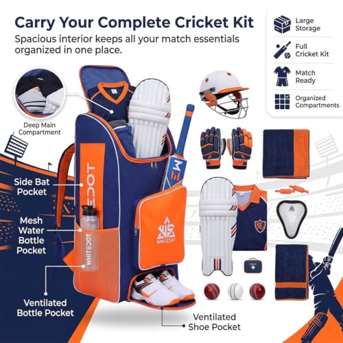 Image of WHITEDOT SPORTS Teal Cricket Kitbag - Navy Blue & Orange | Large Capacity Backpack Duffle with Separate Bat Pocket | Stylish & Durable Cricket Equipment Bag for All Players