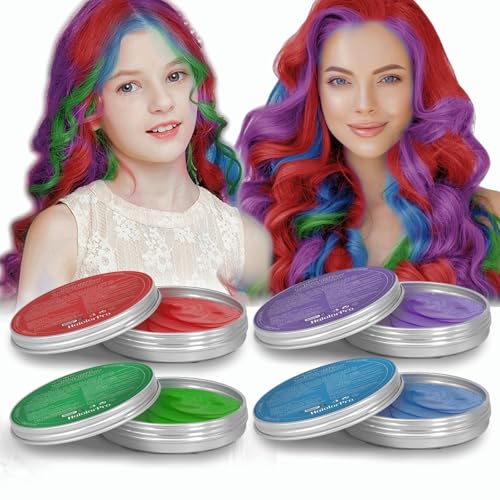 HaiolorPro 4 Colors Temporary Hair Color Wax, Temporary Hair Dye Red Purple Blue Green Washable, Temporary Hair Wax Color for Kids Women Men, Gifts for Teen Girls,Boys,Kids,Halloween,Cosplay,Party