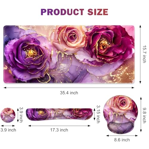Gaming Mouse Pad, Large Desk Mat, Cute Desk Pad Protector, 4in1 XXL Mousepad + Keyboard Wrist Rest+Mouse Wrist Rest+Coaster Set with Ergonomic Desk Pad for Home Office PC, Marble Rose Purple Flowers - Thumbnail 2