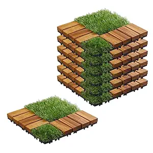 Sharpex Artificial Grass Wooden Deck Tiles with Interlocking | 6 Piece Teak Wood Floor Decking Water Resistant Tile for Balcony, Terrace, Garden | Quick Flooring Solution for Indoor/Outdoor (12 X 12 Inch)wood deck tiles balcony terrace garden wooden interlocking tile indoor outdoor flooring patio backyard living room poolside teak decking detachable waterproof bedroom floor artificial diy terrace