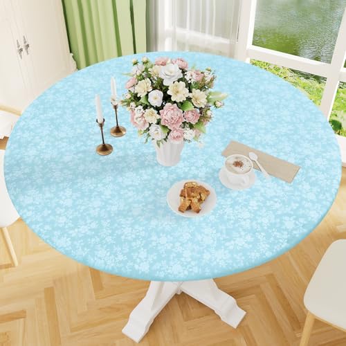 Image of Smiry Waterproof Heavy Duty Vinyl Fitted Tablecloth for 36 inch-44 inch Round Table | Elastic Plastic Table Cloth, Wipeable Washable Floral Patio Table Cover for Picnic, Kitchen and Dining, Ice Blue