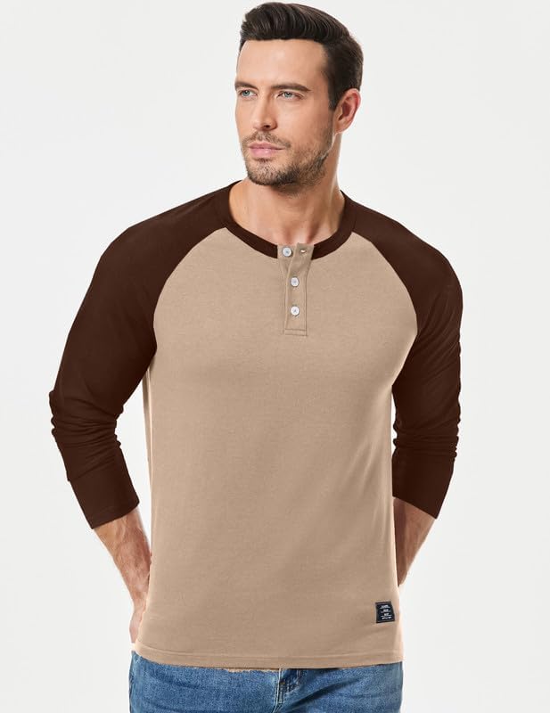 Men's Henley Shirt Fall Crewneck Color Block Slim Fit Long Sleeve T Shirts Button Up Tees - Image 3