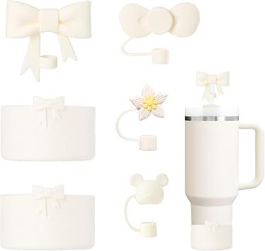 Stanley Cup Accessories Set Including 4 Pcs Siliocne Straw Covers Toppers Caps Tips for 10mm/0.4 in Stanley Tumble Straws,2 Pcs Siliocne Bow Boot for Stanley Cup 40oz 30oz 20oz - Cream