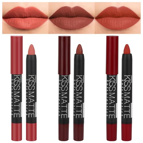 evpct 3Pcs Dark Red Lip Liner Pencil Set, Deep Ruby Red Matte Lipstick Long Lasting for Women...