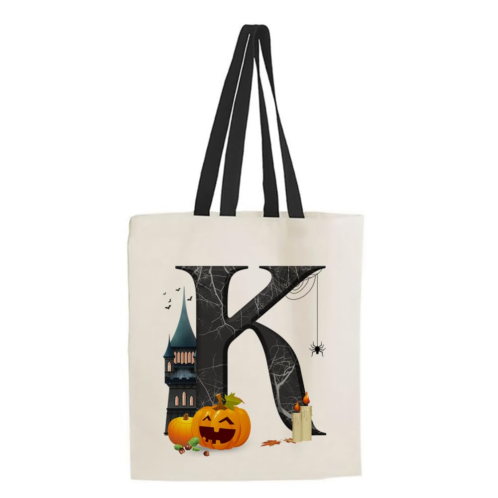 Halloween Initial Tote Bag - Trick or Treat, Pumpkin Party, Girl Gift, Reusable Shopping Bag With Black Handle (K)