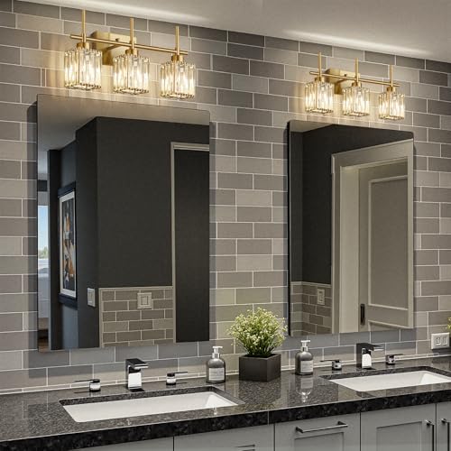 Image of Torondo Modern Crystal Bathroom Vanity Light 3-Light Brushed Gold Bathroom Light Fixtures Over Mirror Brushed Gold Vanity Lighting Fixtures Square Shade Brass Wall Sconce (Bulbs Not Include)