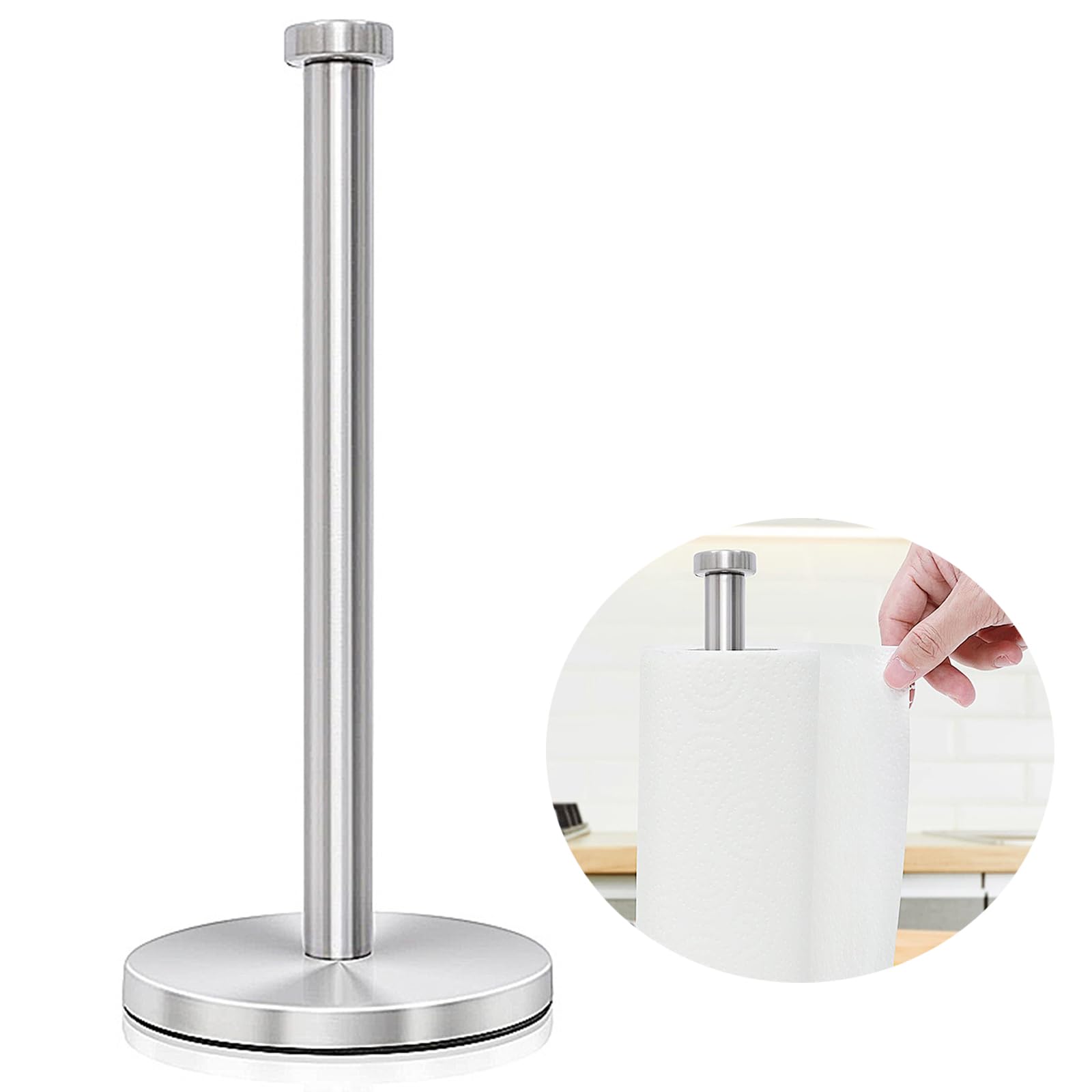 Paper Towel Holder for One Hand Tear, Weighted Base with Suction Cups Standing Paper Towel Dispenser for Kichen Bathroom fits Standard and Jumbo Size Paper Towels (Silver)