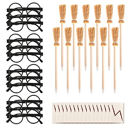 CAINCAY Wizard Zaubererbrille Party Supplies Set 12 Pcs Kunststoff Zaubererbrille mit Hexenbesen Bleistifte, Zauberer Gläser mit Rahmen Keine Objektive 16 Pcs Blitz Tattoos für Halloween Dekoration Cover