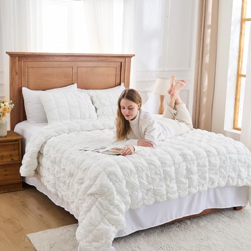 Image of White Comforter Set Full Size Bed in A Bag 7 Piece Pinch Pleat Bedding Set, Pintuck Ruched Square Bed Set with Comforter, Sheets, Pillowcases & Shams