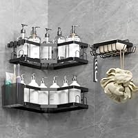 Duschablage Ohne Bohren, 4 Pcs Schwarz (SM+1) Duschregal, Kohlenstoffstahl Badregal mit Kleber, Shampoo Halterung für Dusche, Rostbeständiger Duschkorb, Dusche Halterung Zubehör, Badezimmer Regal