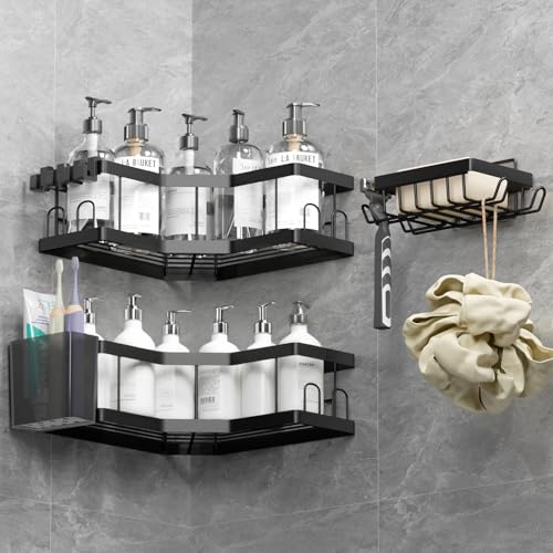 Duschablage Ohne Bohren, 4 Pcs Schwarz (SM+2) Duschregal, Kohlenstoffstahl Badregal mit Kleber, Shampoo Halterung für Dusche, Rostbeständiger Duschkorb, Dusche Halterung Zubehör, Badezimmer Regal