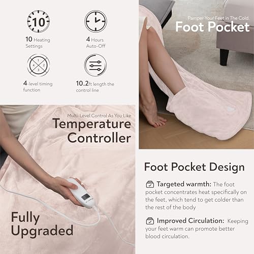 Image of Wapaneus Foot Pocket Heated Blanket Electric Throw with 10 Heating Levels and 4 Timer Settings 4 Hours Auto Shut Off, Flannel Fast-Heating Heated Throw 50 inch x 60 inch, Machine Washable, Pink