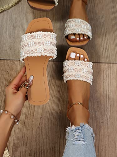 GORGLITTER Women's Summer Beach Flat Cute Sandals 2025 Color Block Faux Pearls Decor Leather Flat Slides Beige and Brown CN40 - Image 2
