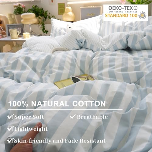 Image of EAVD Retro Blue Striped Duvet Cover Twin Soft Washed Microfiber Reversible Vertical Striped Percale Bedding Set with 2 Pillowcases Farmhouse Geometric Pattern Duvet Cover with Zipper Closure
