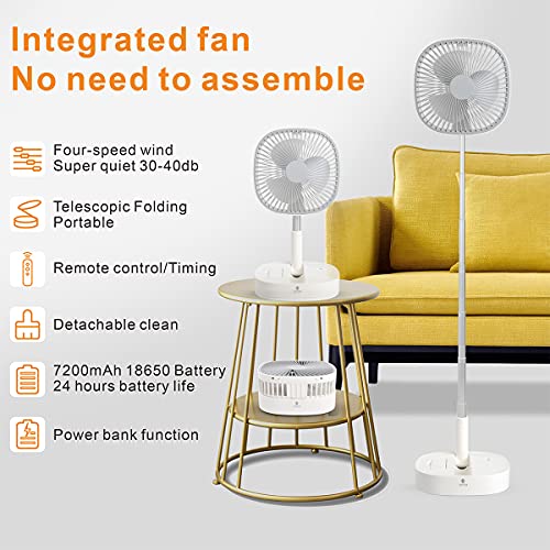 Portable Pedestal Fan - Foldaway Standing Fan Foldable Desk Fan, Wireless Use 7200Mah Rechargeable Battery, Remote Control Telescopic 4 Speed Quiet Timer Fan for Home Kitchen Outdoor Camping (Gray)
