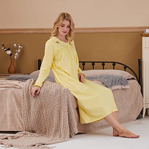 Keyocean Cotton Women Nightgowns, Soft Comfortable Lightweight Long Sleeves Ladies Nightdress, Aurora Yellow, Medium #TOP2