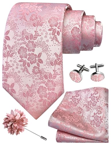 Image of GUSLESON 3.15 inch(8cm) Mens Floral Tie and Lapel Pin Necktie Hankerchief Cufflinks Set for Men
