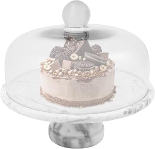 Cake Holder with Dome, Round Cake Stand with Marble Base & Rotatable Tray, Multifunctional Footed Cake Plate for Weddings, Birthday Parties, Anniversaries (Grey, Clear)