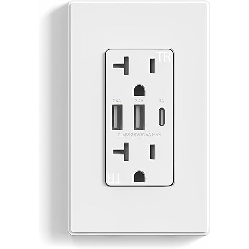 ELEGRP USB Outlets Receptacles, 3-Port USB C Wall Outlet, 30W 6.0A USB Electrical Outlet, 20 Amp Tamper-Resistant Outlet with USB C Ports, UL Listed, Screwless Wall Plate Included, 1 Pack, Matte White