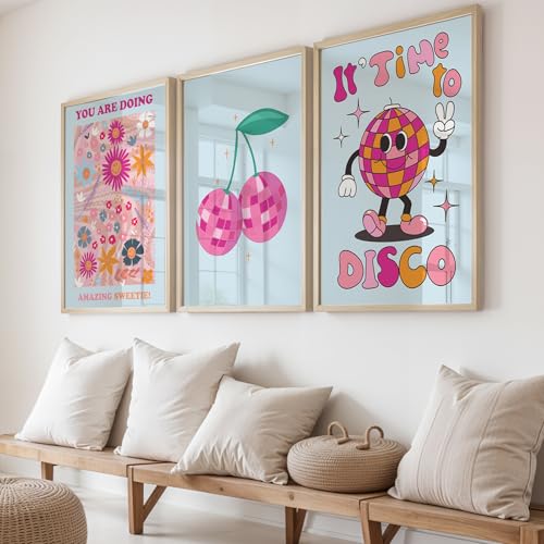 Image of NoWorries Retro Disco Wall Framed Painting Set | Cherry, Disco Art & Positive Quote Posters Frames | Premium 300 GSM Paper Print with Synthetic Wooden Frame | Aesthetic Wall Decor For Hotel,Cafe,Bar Living Room & Bedroom (Pattern-illustration) (Set of 3) (NATURAL, ART-4, 10X13INCHES)