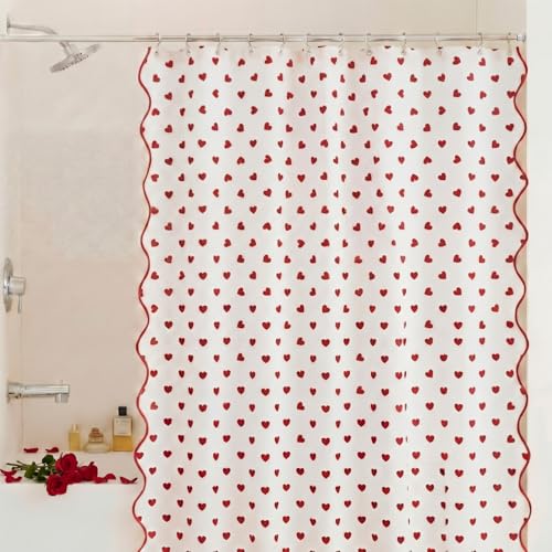 Mindsoft Toile Shower Curtain 72 x 72 Cotton Linen Print Curved Edge Curtain with 12 Metal Hooks Waterproof Bath Decor for 18th Century Style Bath Accessories(Red and White Valentines Day Love)