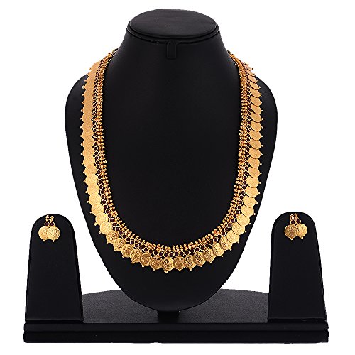 Image of ZENEME Jewellery Set Gold Plated Long Traditional Maharani Beads Studded Temple Coin Necklace Set with Earrings Jewellery For Women & Girls