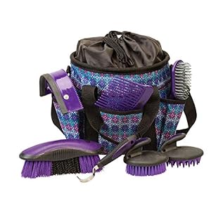 Weaver Equine Horse Grooming Kit, 7-Piece Horse Brush Set with Organizer Tote Bag, Hoof Pick, Comb, Sweat Scraper, Equine Tools for Daily Grooming, Purple Geo