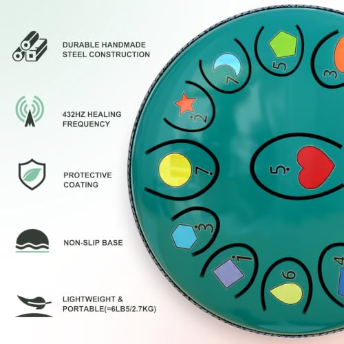 REGIS Rain Drum for Outside Garden – Steel Tongue Drum, Waterproof Meditation Rain Chime, UV-Printed Notes & Geometric Design, Includes Bag, Mallets & Music Book, 6.5 Inch 13 Notes (Blue) — view 5