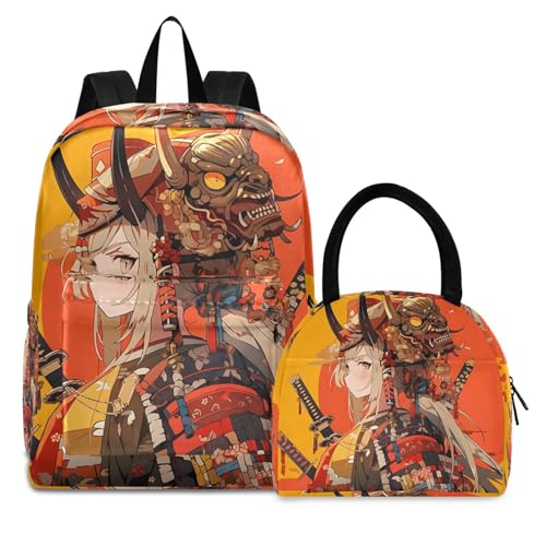 Backpack Lunch Box Set Large Capacity Travel Backpacks and Insulated Lunch Bag for Commute Hiking Picnic Anime Warrior Print